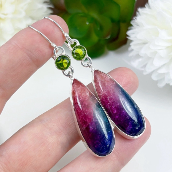 Handmade Jewelry - Peridot and Rainbow Quartz Gemstone Earrings Sterling Silver 925 New